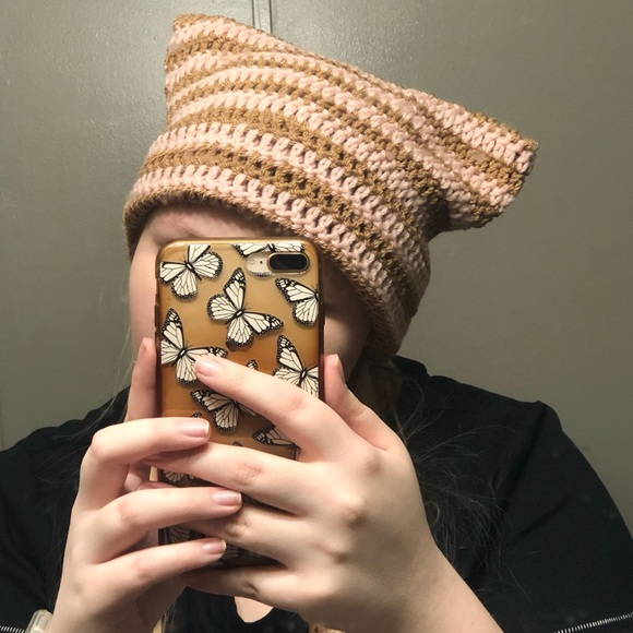 Tan and Pink Crochet Cat Ear Beanie - Picture 1 of 4